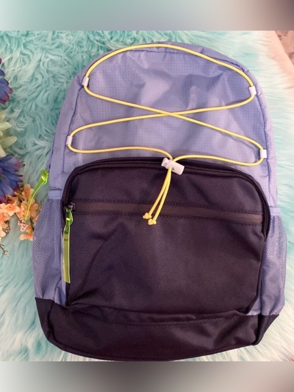 Blue Backpack School Bag With Multi Pockets Yellow & Green Accents NEW!